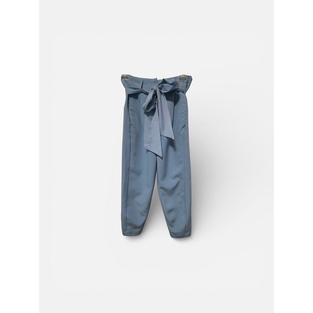 Express‎ Womens Paperbag Waist Ankle Pants Dusty Blue Tapered High Rise Belted